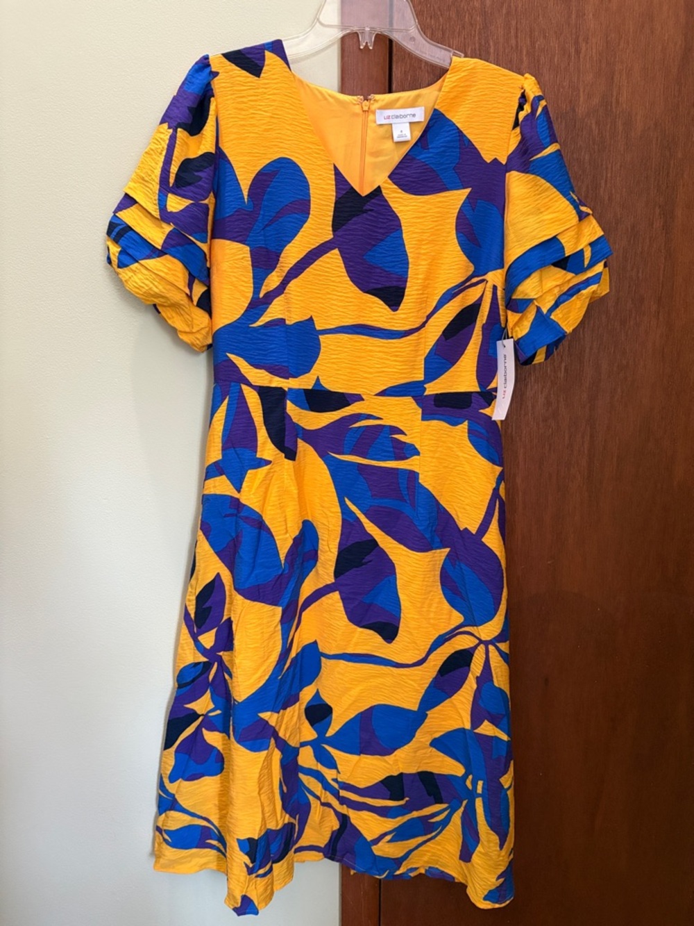 Liz Claiborne Yellow Midi Dress with Blue & Purple Leaf Pattern